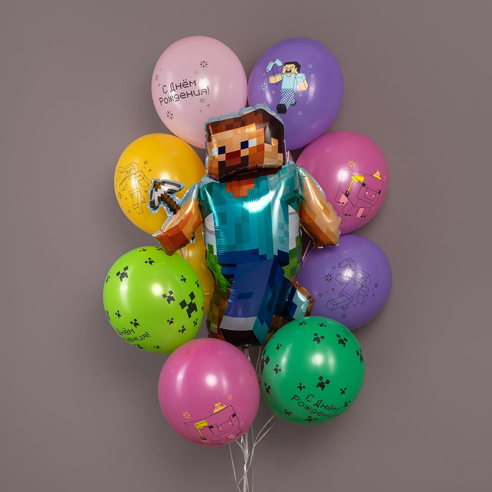 Шар (12''/30 см) С Днем Рождения! Пиксельный Герой, Ассорти, пастель, 2 ст, 25 шт.
