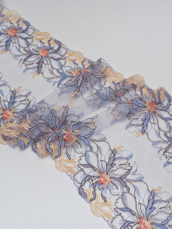 Кружево вышивка на сетке цвет мультиколор (исландский голубой, светло-желтый, оранжевый, шоколад) неэластичная ширина 27 см