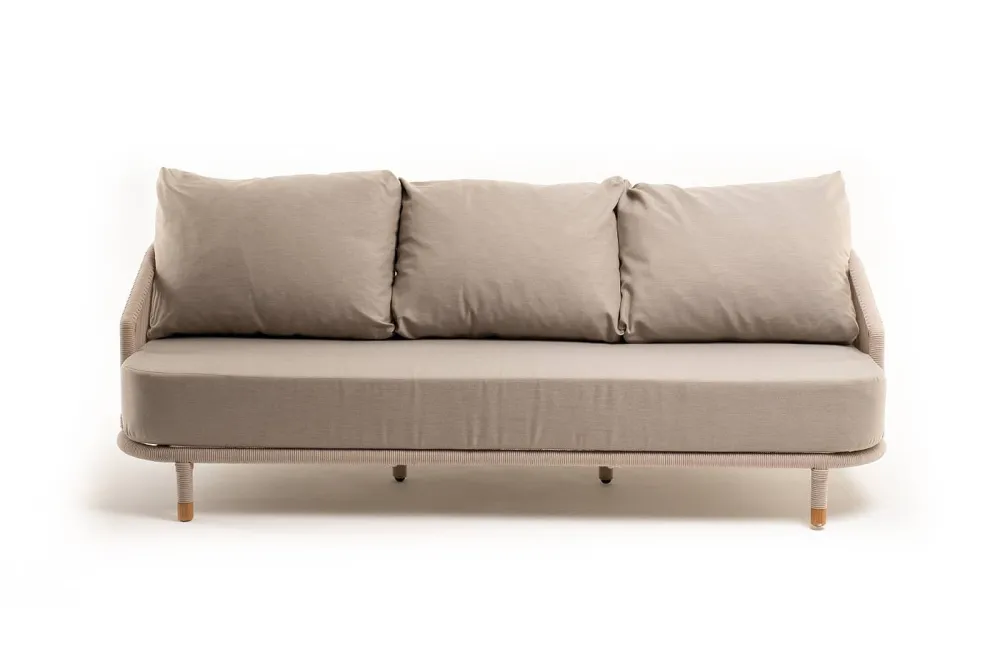 "Верона" диван 3-местный плетеный из роупа, каркас алюминий белый муар, роуп бежевый круглый, ткань бежевая 052