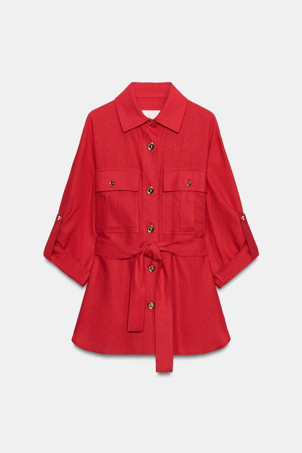 ZARA КУРТКА-САФАРИ ИЗ ЛЬНА С ПОЯСОМ, КРАСНЫЙ