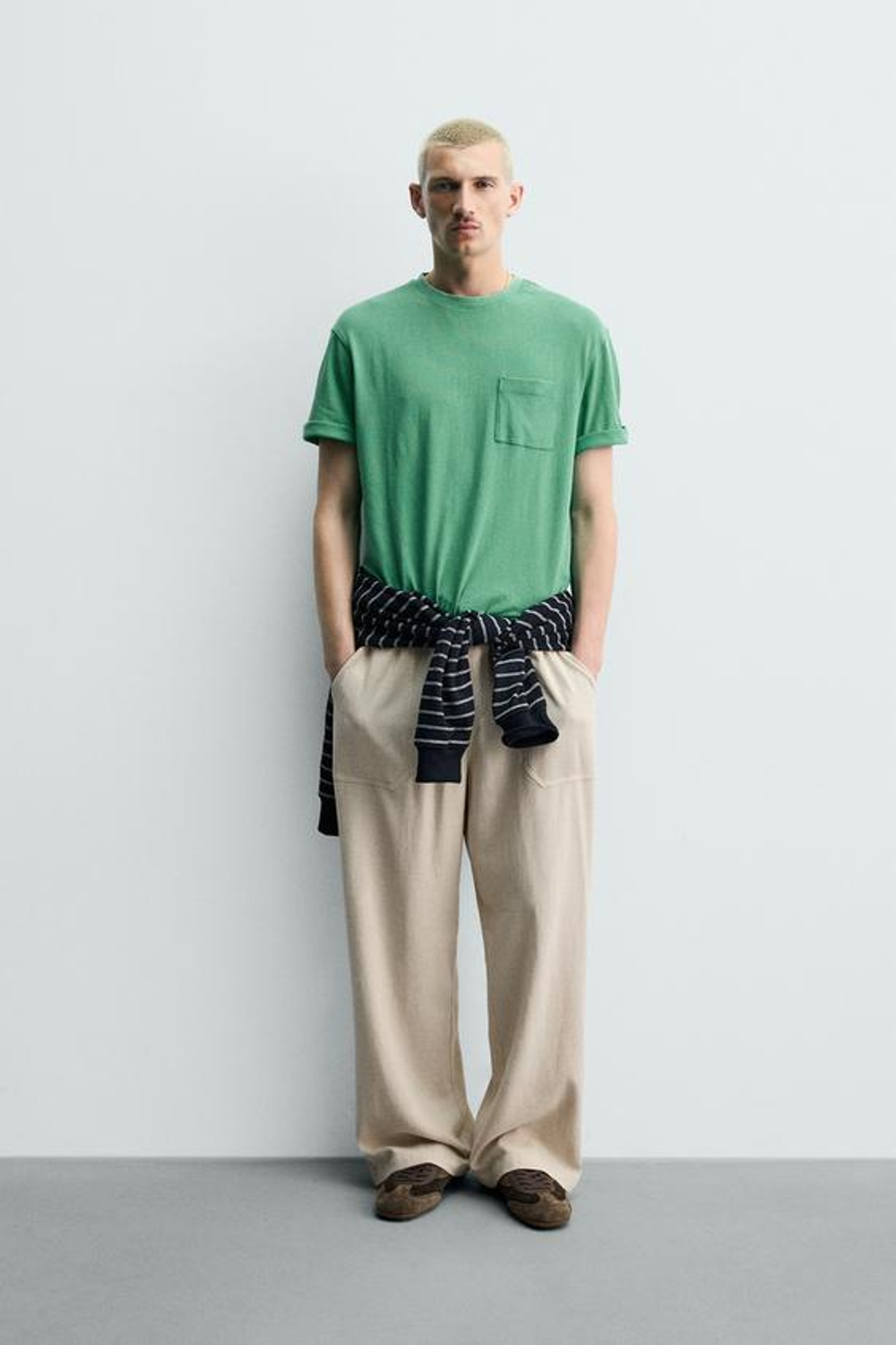 ZARA БРЮКИ RELAXED FIT В КЛЕТКУ, СВЕТЛО-БЕЖЕВЫЙ
