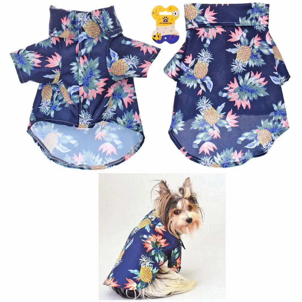 Рубашка для собак и кошек малых и средних пород «СТИЛЬНЫЙ БРО», цвет синий, принт ананасы с цветами, размер L
