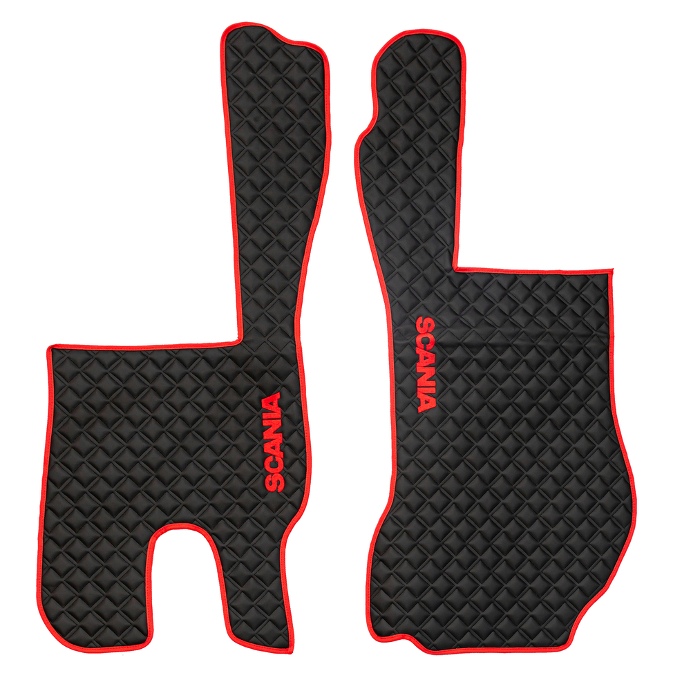 Ковры SCANIA 5 серии R (механика) (экокожа, черный, красный кант, красная вышивка)