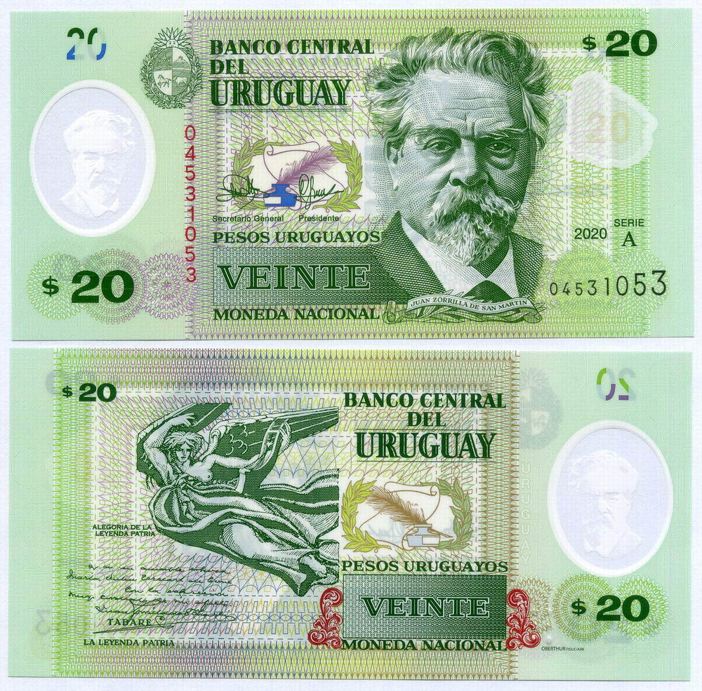 Банкнота Уругвай 20 песо 2020 год A 04531053. UNC (пластик)