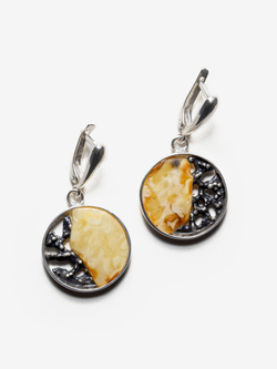 Уникальные серебряные серьги с цельным пейзажным янтарем, серебро 925 пробы