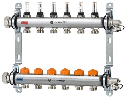 Коллектор распределительный с регуляторами и индикаторами расхода Dynacon Eclipse , вход - 1', выходы - G 3/4', 10 контуров, Qmax на каждый контур = 300 л/ч, Tmax = 70°C, PN6, материал коллектора - нержавеющая сталь