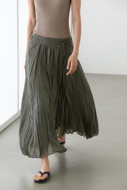Massimo Dutti Юбка-миди из смеси рами с присборенной отделкой, зеленый