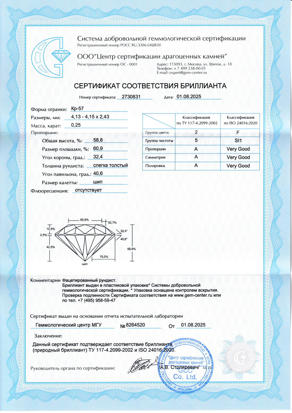 Бриллиант Кр-57 4.13 х 4.15 х 2.43 мм 2/5 0.25 ct