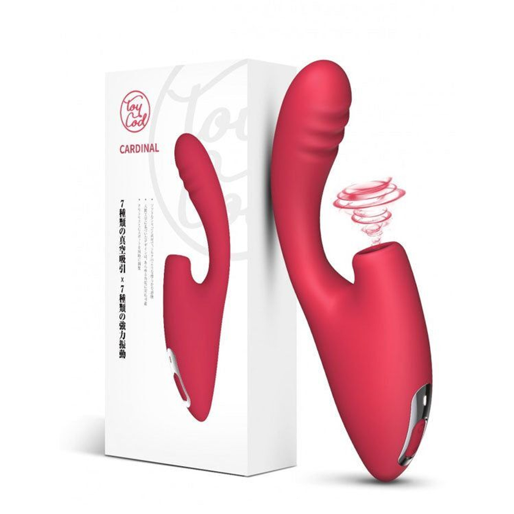 Красный двойной стимулятор Cardinal с вибрацией и вакуумом
