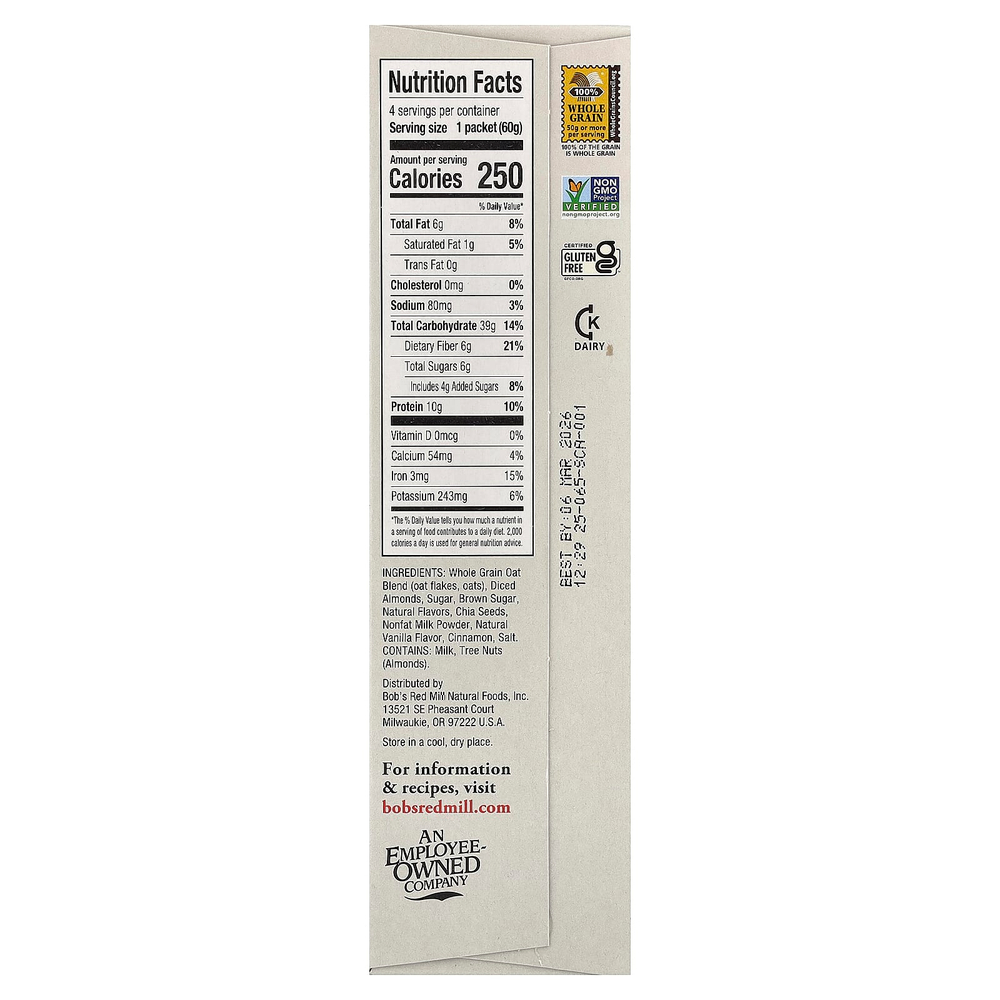 Bob's Red Mill, Overnight Protein Oats, цельнозерновые продукты, ваниль и миндаль, 4 пакетика по 60 г (2,12 унции)