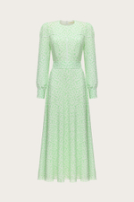 ПЛАТЬЕ ИЗ САЛАТОВОГО ШЕЛКА С КРУЖЕВНЫМИ КАНТАМИ