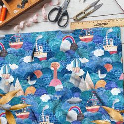 Ткань атлас морские детские корабли и горы