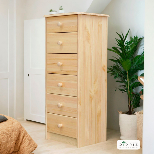 Комод высокий с 6 ящиками Хаба из массива сосны, для одежды, в натуральной отделке