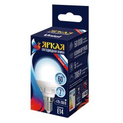 LED-G45 7W-6500K-E14-FR PLP01WH Лампа светодиодная. Форма шар. матовая. Серия ЯРКАЯ. Дневной белый свет 6500K. Картон. ТМ Uniel