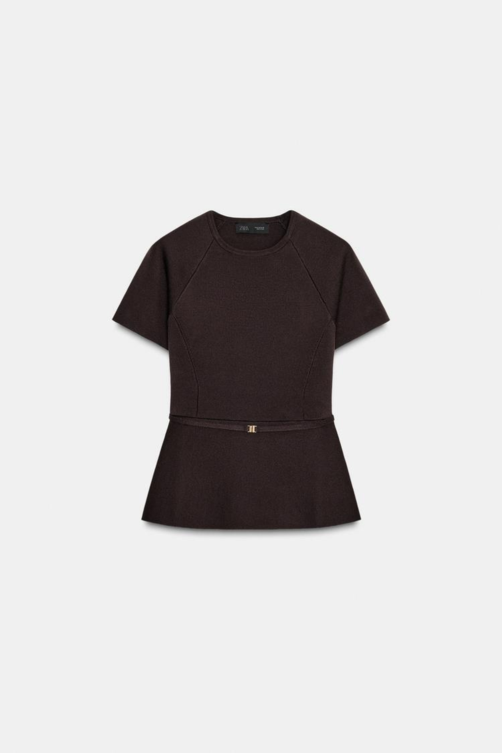 ZARA ТРИКОТАЖНЫЙ ТОП С БАСКОЙ И ПОЯСОМ, ШОКОЛАДНЫЙ