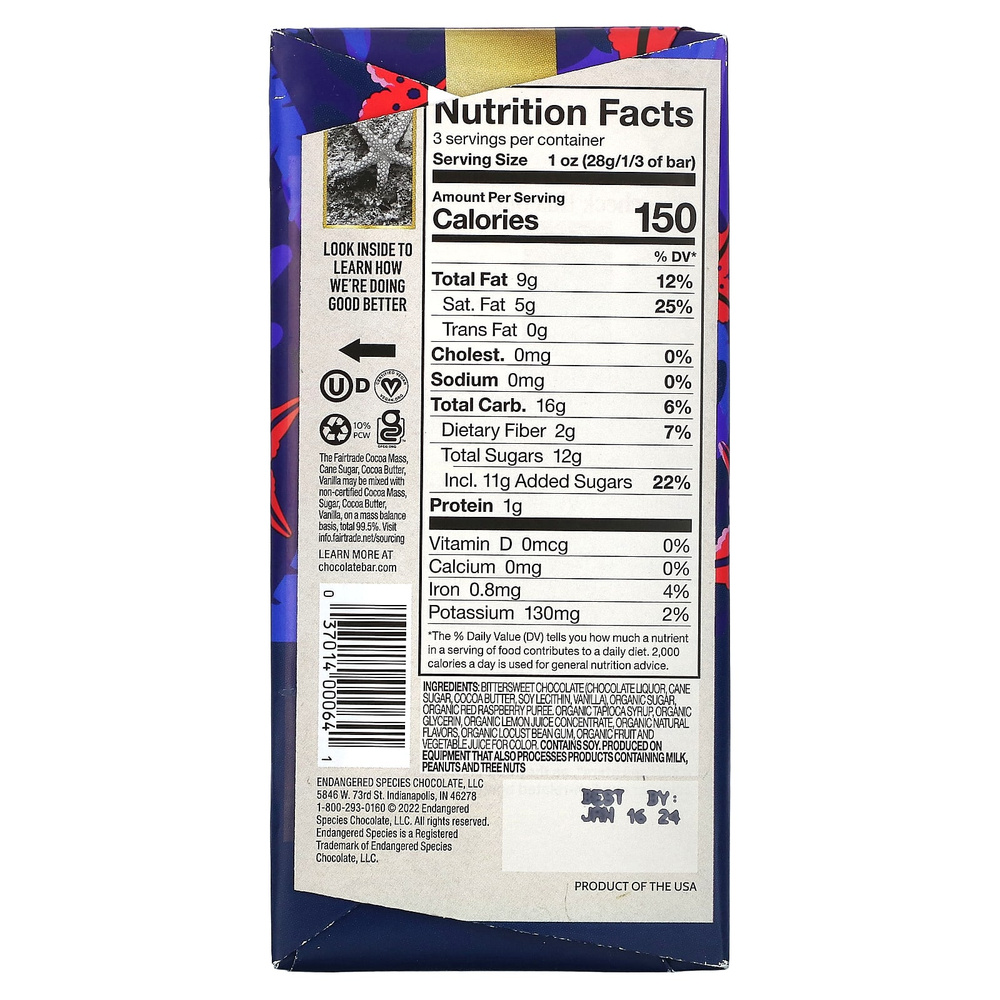 Endangered Species Chocolate, Плитка темного шоколада, малиновая начинка, 60% какао, 85 г (3 унции)