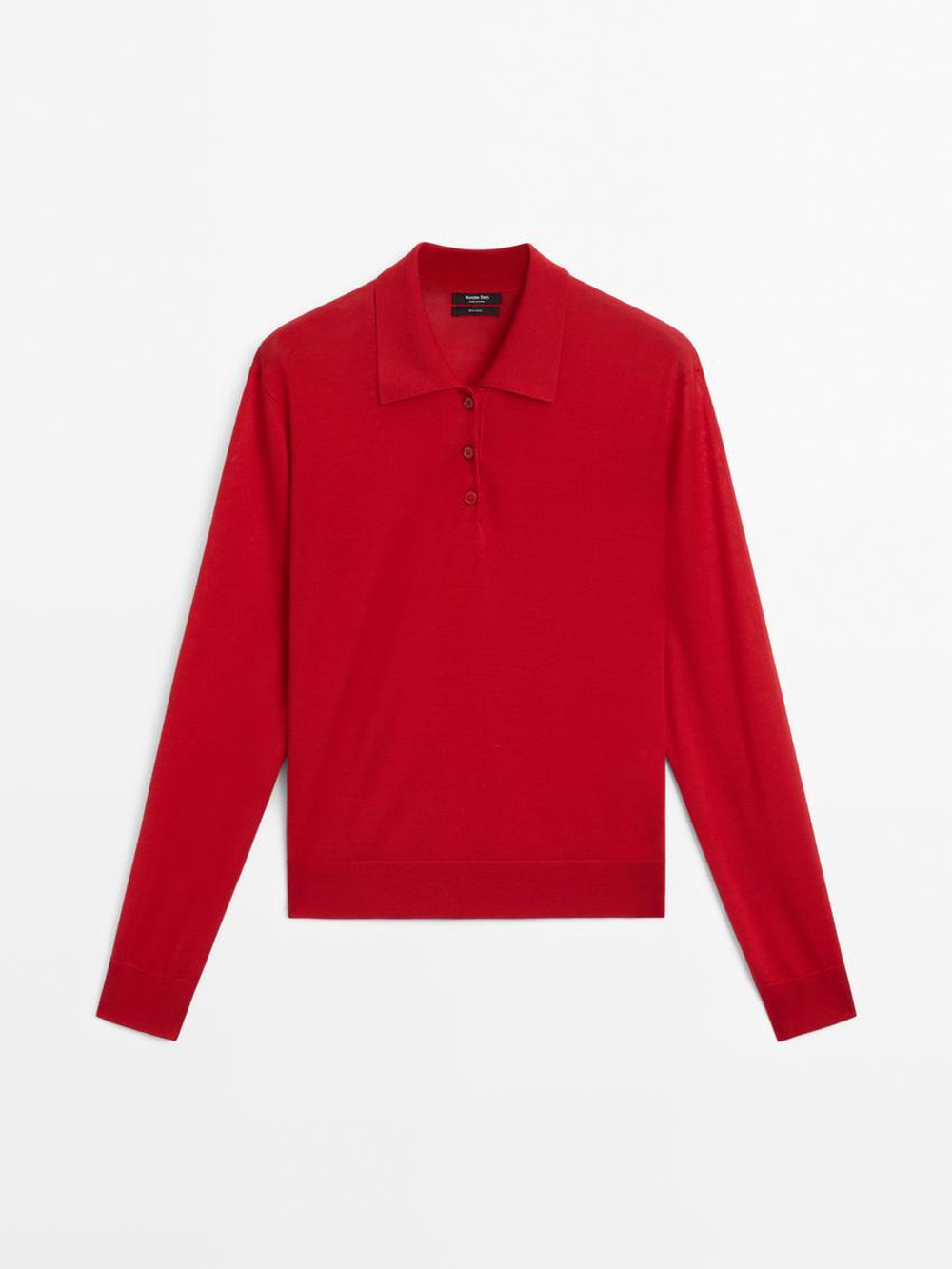 Massimo Dutti Свитер из 100% шерсти с воротником поло и пуговицами, красный