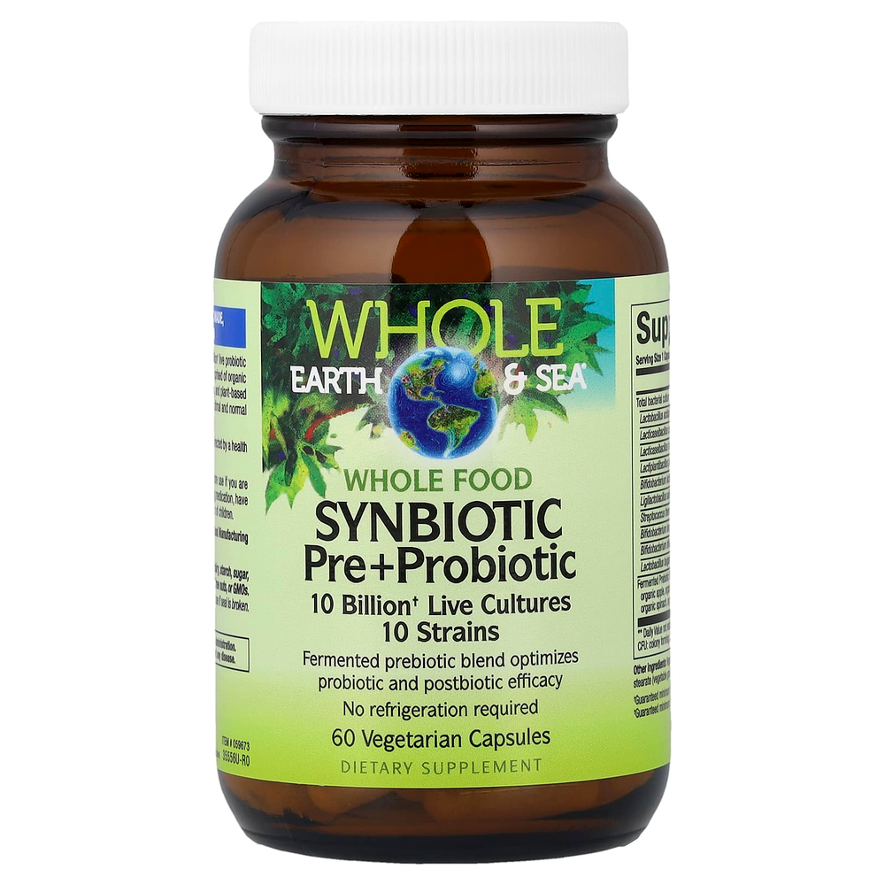 Natural Factors, Whole Earth & Sea®, синбиотическая добавка с цельнопищевыми пребиотиками и пробиотиками, 60 вегетарианских капсул