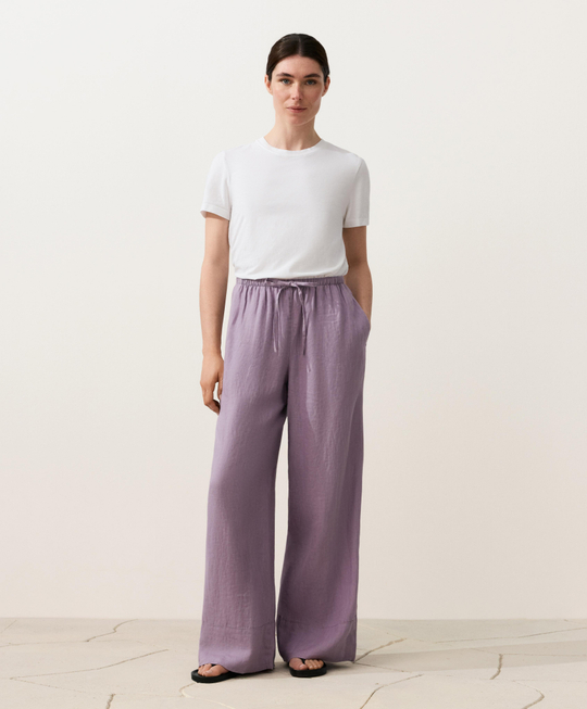 OYSHO Прямые брюки из 100% льна с декоративной строчкой, сиреневый