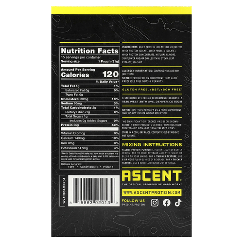 Ascent, Native Whey Protein Blend, Vanilla Bean, 15 Packets, 1.09 oz (31 g) Each