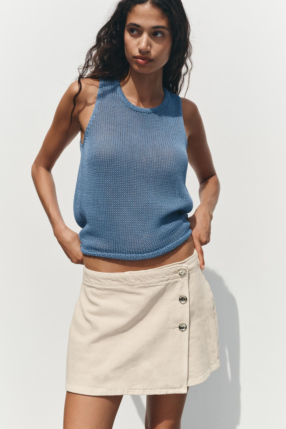 ZARA ТРИКОТАЖНЫЙ ТОП ИЗ 100% ХЛОПКА, СИНИЙ