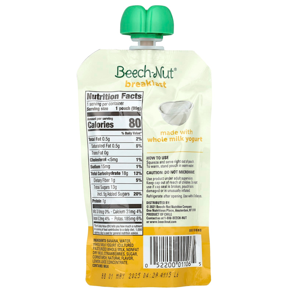 Beech-Nut, завтрак, для детей от 12 месяцев, йогурт с бананом и клубникой, 12 паучей по 99 г (3,5 унции)