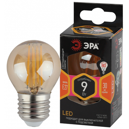 Лампочка светодиодная ЭРА F-LED P45-9W-827-E27 gold E27 / Е27 9Вт филамент шар золотистый теплый белый свет