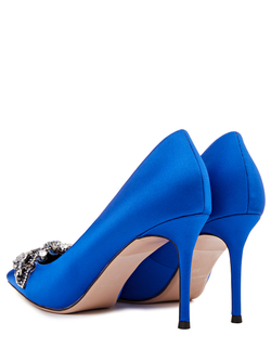 Женские туфли кожаные синие с камнями у носка