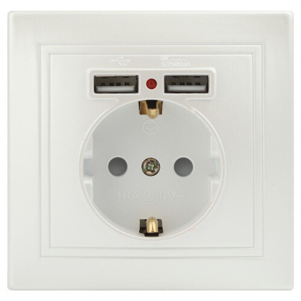 Розетка Intro Plano 1-410-06 с заземлением 2P+E Schuko со шторками, 16А-250В + 2хUSB 5В-2,1А, IP20, СУ, перламутр
