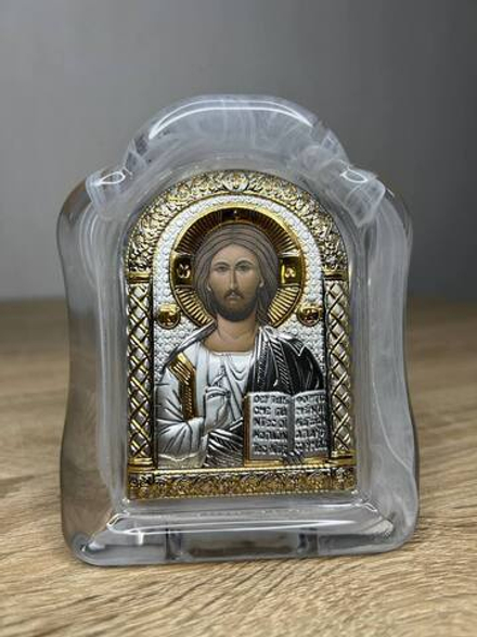 Спаситель, икона арочная, белое муранское стекло 65х85