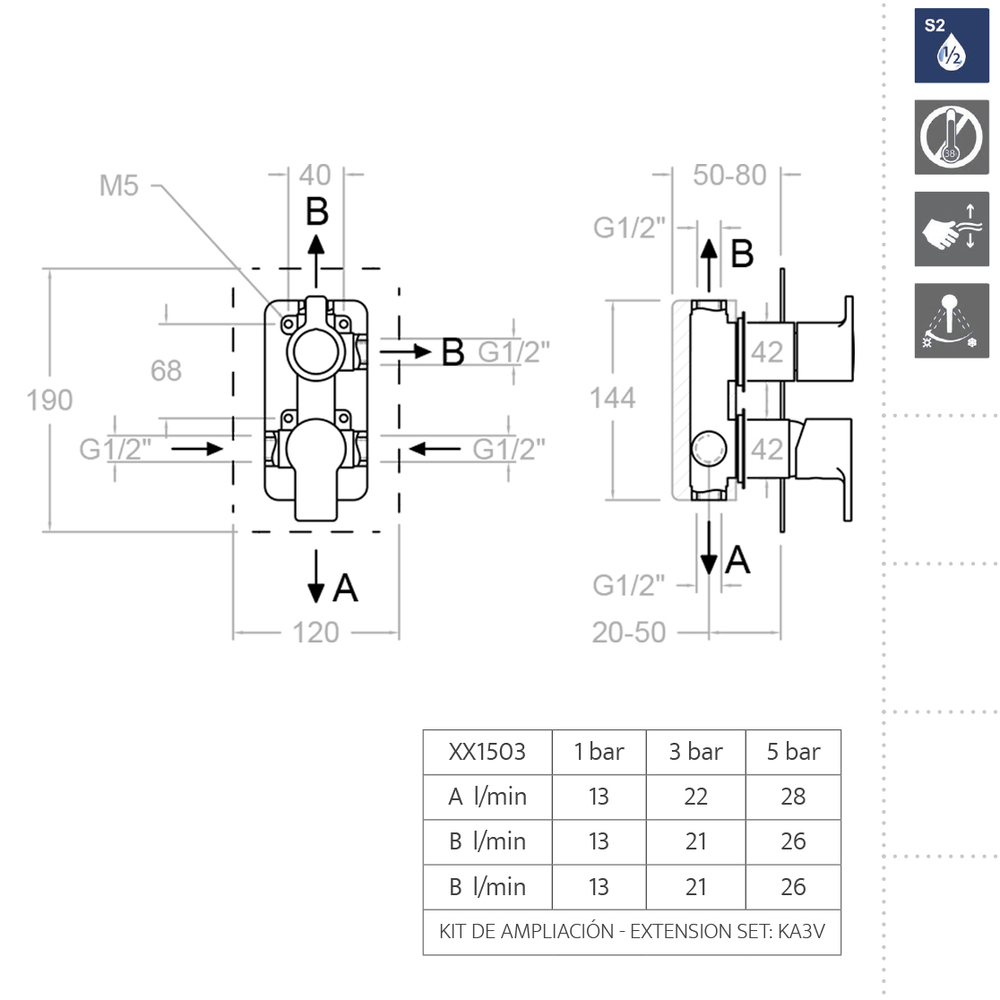 Встраиваемый смеситель для душа на 3 выхода RS-Q 931503S