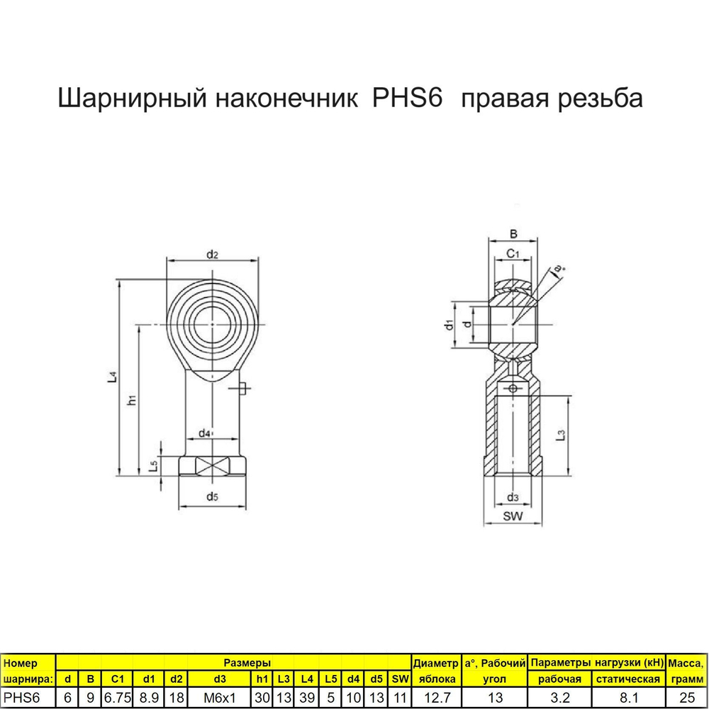 Шарнирный наконечник М18 2 шт. / PHS18 внутренняя правая резьба / для ЧПУ и спецтехники