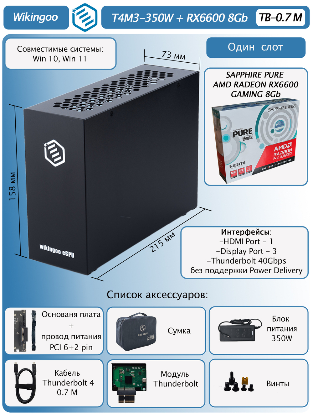 Внешняя видеокарта EGPU Wikingoo T4M3-350W, Sapphire Pure AMD Radeon RX 6600 8Gb. Thunderbolt 3/4.