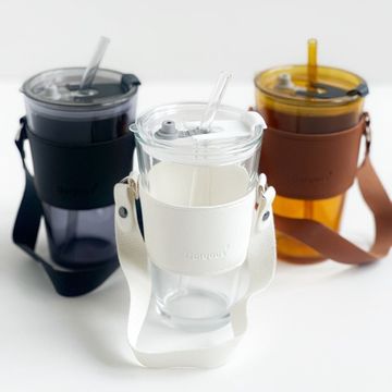 Кружка стеклянная с трубочкой и кожаной ручкой, 450 мл