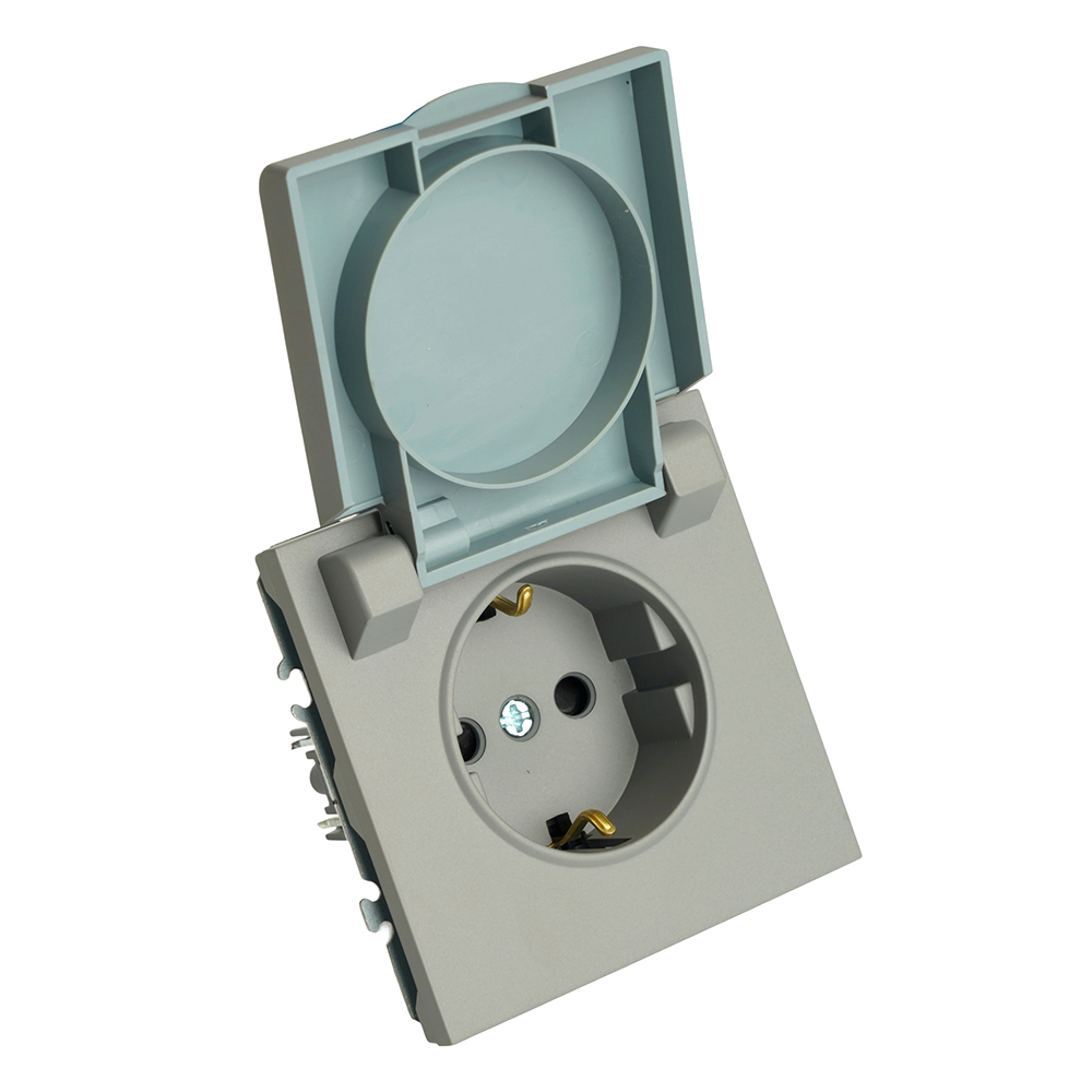 Розетка 1-местная с крышкой с защ. штор, STEKKER, с/з, 250В, 16А, серия Эмили, RST16-5112-10, платиново-серый, soft touch 49959