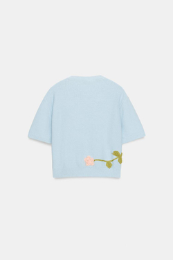 ZARA СВИТЕР С ЦВЕТОЧНЫМ УЗОРОМ И КОРОТКИМИ РУКАВАМИ, ГОЛУБОЙ