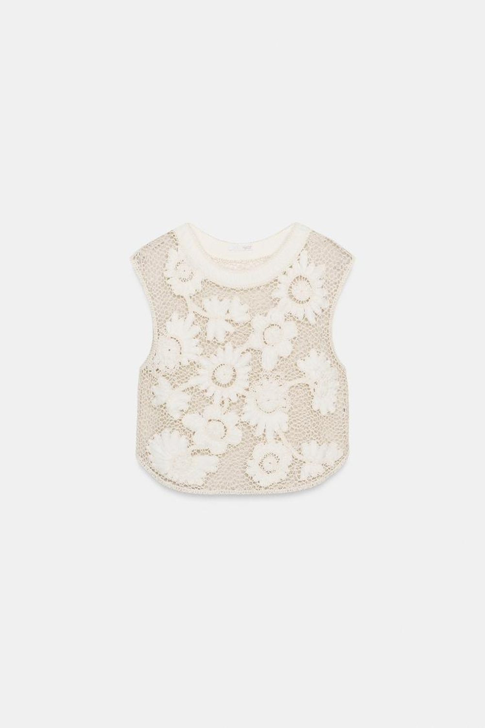 ZARA ТОП ИЗ КРУЖЕВА КРОШЕ С ЦВЕТОЧНЫМ УЗОРОМ, БЕЛЫЙ