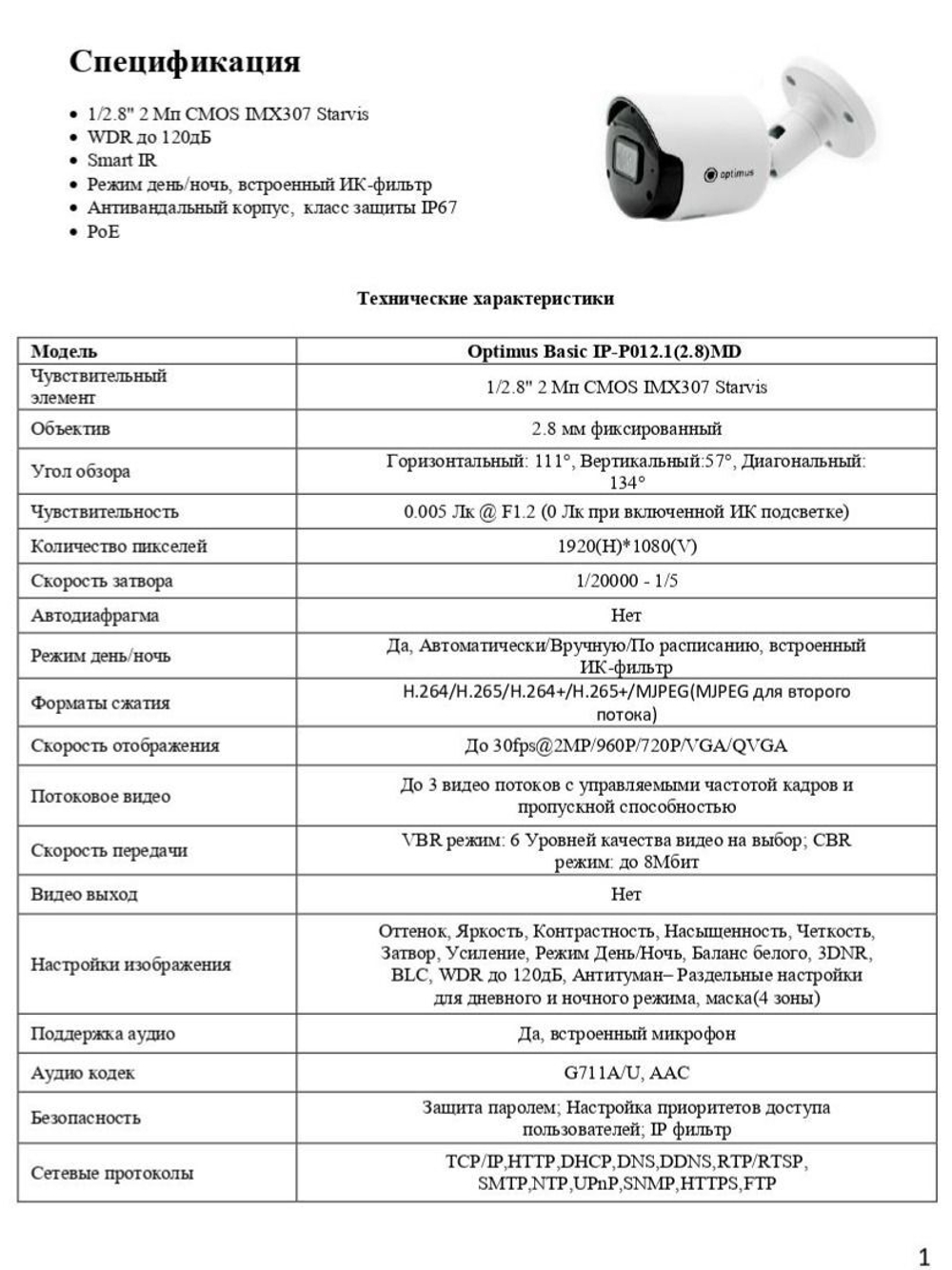 Видеокамера Optimus Basic IP-P012.1(2.8)MD