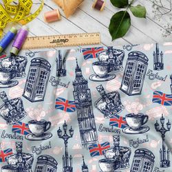 Ткань штапель корона, чай, биг-бен и великобританский флаг