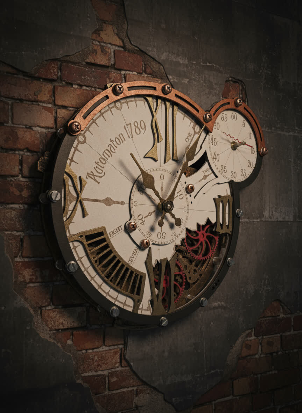 Настенные часы WOODandROOT Automaton 1789 Hermitage с открытым механизмом и шестерёнками в индустриальном интерьере