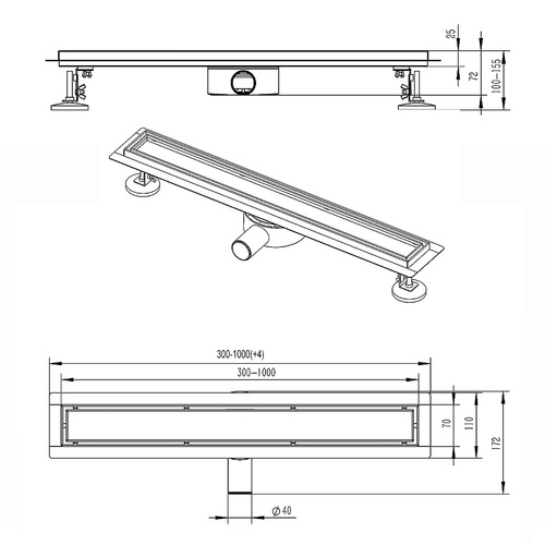 Душевой лоток AZARIO 500 мм, D40(50), решетка из нержавеющей стали "под плитку", металлический желоб, поворот 360°, комбинированный затвор (AZT3TILE500)