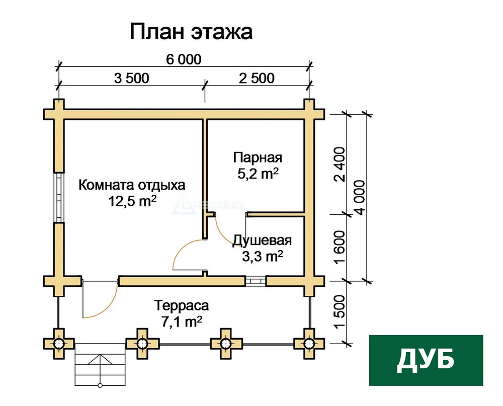 Баня из оцилиндрованого бревна проект "Дуб" под заказ