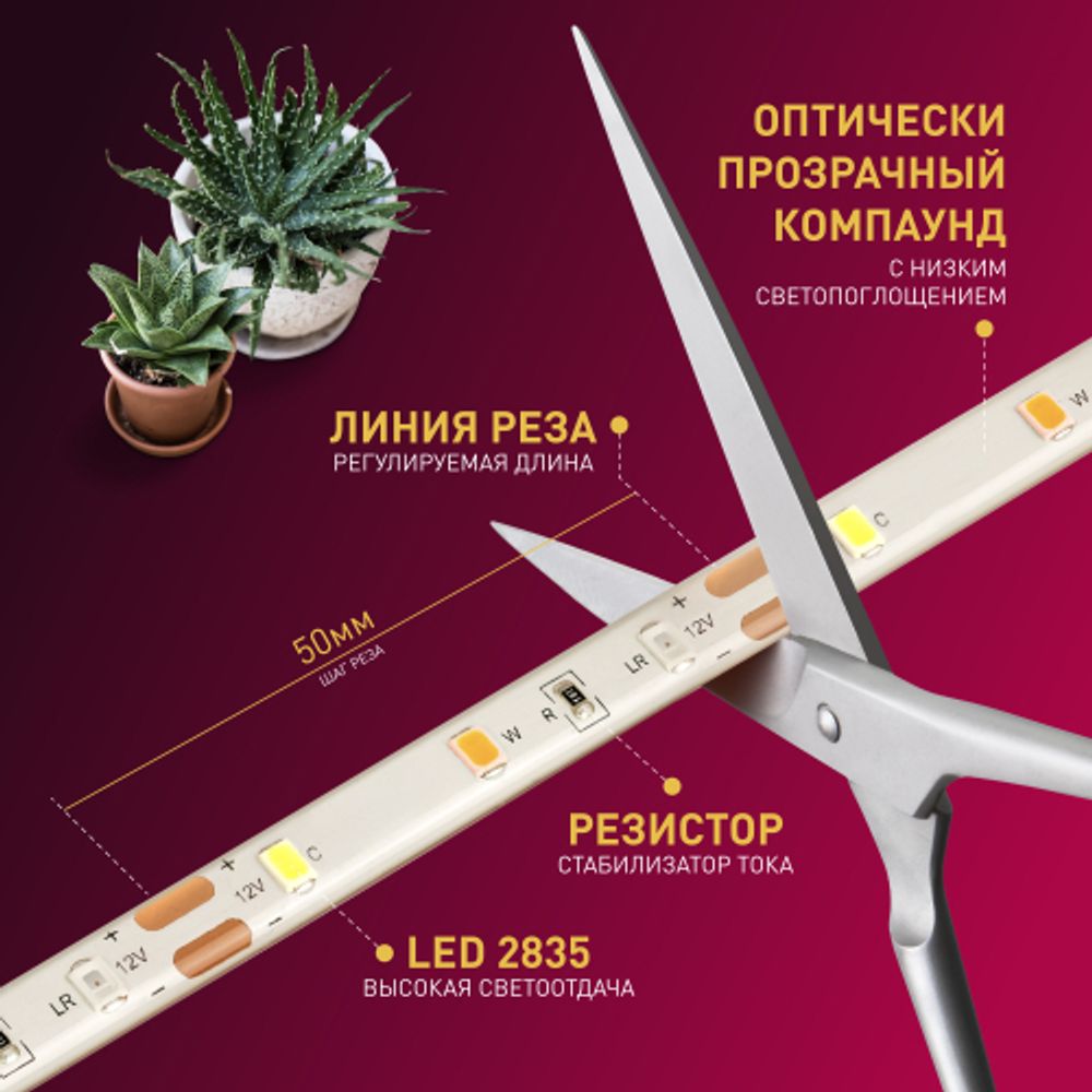 Светодиодная лента для растений ЭРА FITO-Strip Light-Rа90-3m полного спектра 3м IP65, с адаптером 12V в комплекте