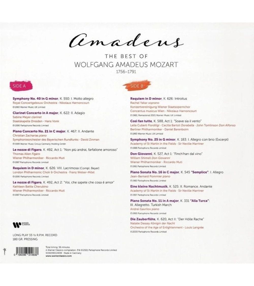 Amadeus. The Best Of Mozart (LP, 180g) Вольфганг Амадей Моцарт. Лучшее. Новая запечатанная виниловая пластинка