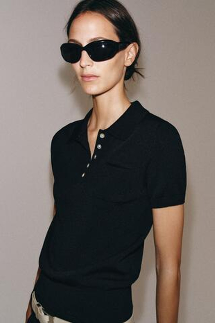 ZARA ТРИКОТАЖНОЕ ПОЛО С КОРОТКИМИ РУКАВАМИ, ЧЕРНЫЙ
