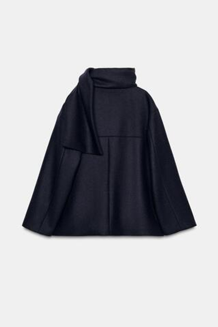 ZARA КОРОТКОЕ ПАЛЬТО ИЗ СМЕСОВОЙ ШЕРСТИ С ШАРФОМ, МОРСКОЙ СИНИЙ