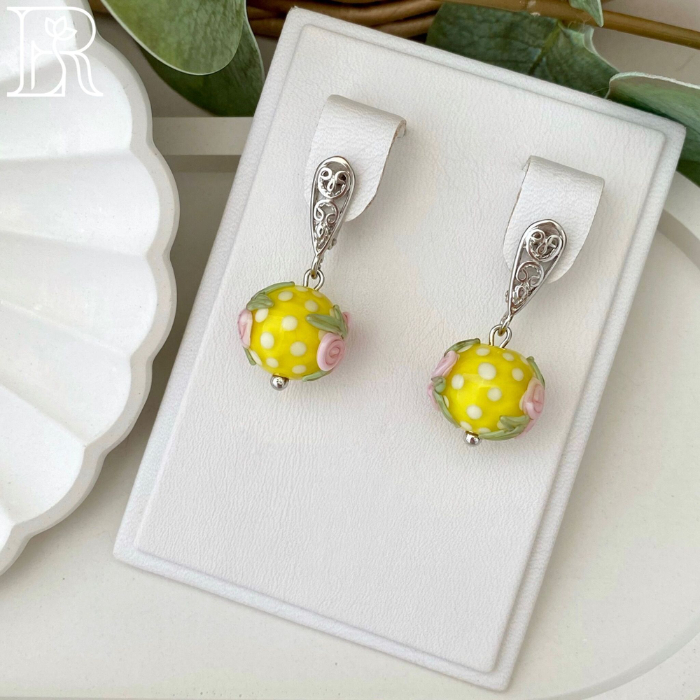 LEFIREL' Серьги серебряные женские "Утро в Провансе" с бусинами из муранского стекла / ювелирные украшения из родированного серебра 925