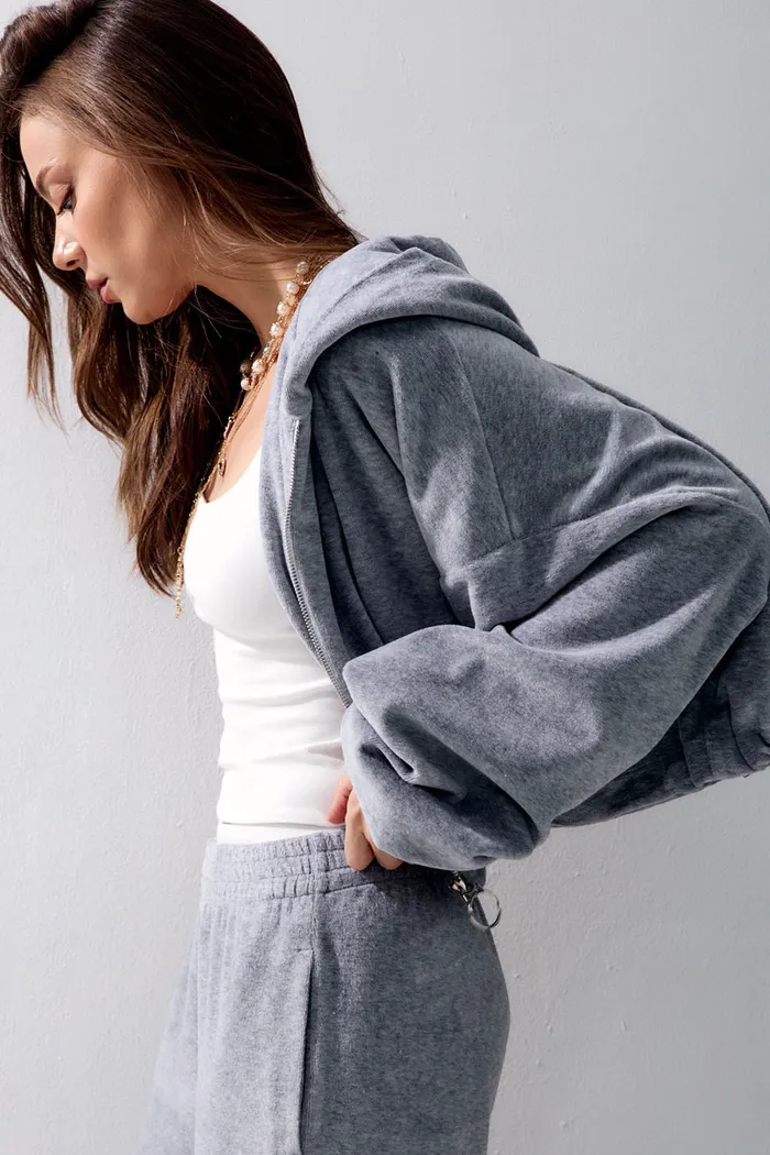 Худи на молнии из велюровой ткани цвета серый меланж