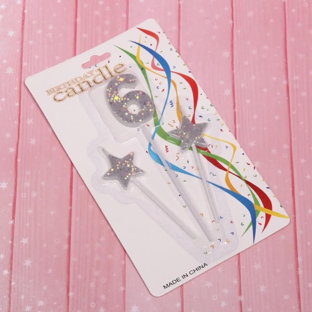 Свеча для торта Цифра Звёздное сияние «6» 16 см (набор 3шт), серебро