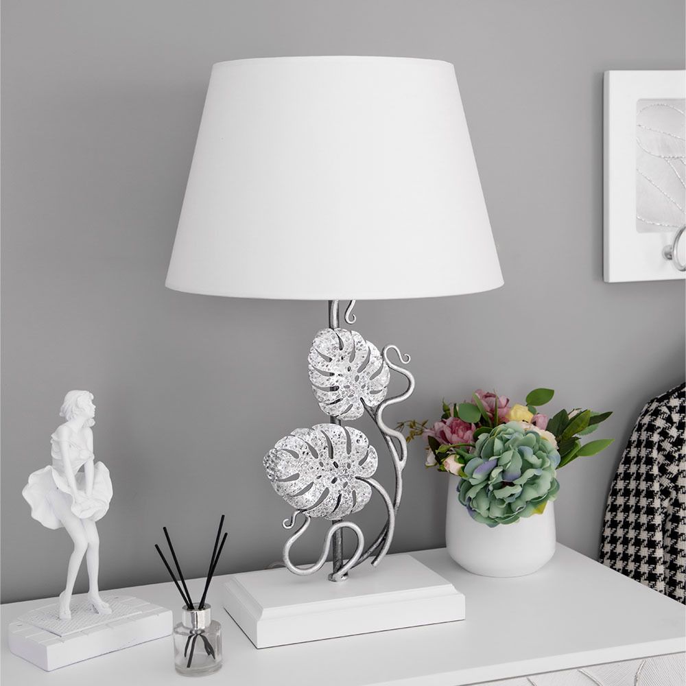 Настольная лампа Monstera Deliciosa (Монстера) Айс Античное серебро с абажуром Сити Белый
